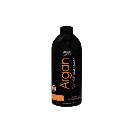 Black Magic Argan Tan 12% professional spray tan solution with chocolate base and Argan Oil for deep, hydrating, two-hour tan