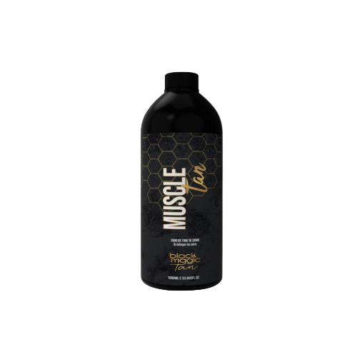 Black Magic Muscle Tan professional competition tanning solution for bodybuilding, delivering deep, dark, hydrating stage colour