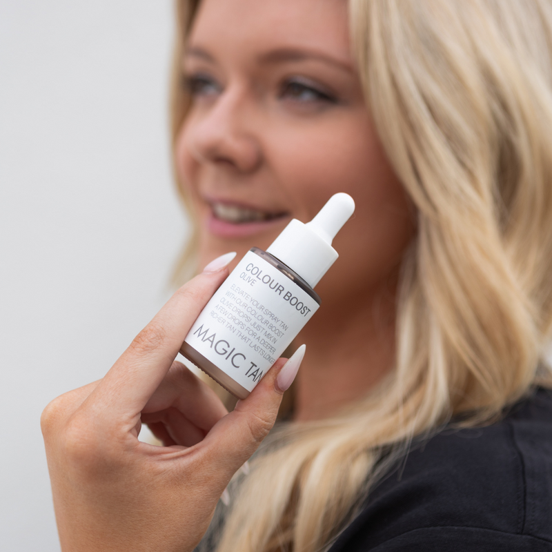 Magic Tan Colour Boost Olive drops used to enhance spray tan depth, neutralise red undertones, and deliver a golden sun-kissed finish