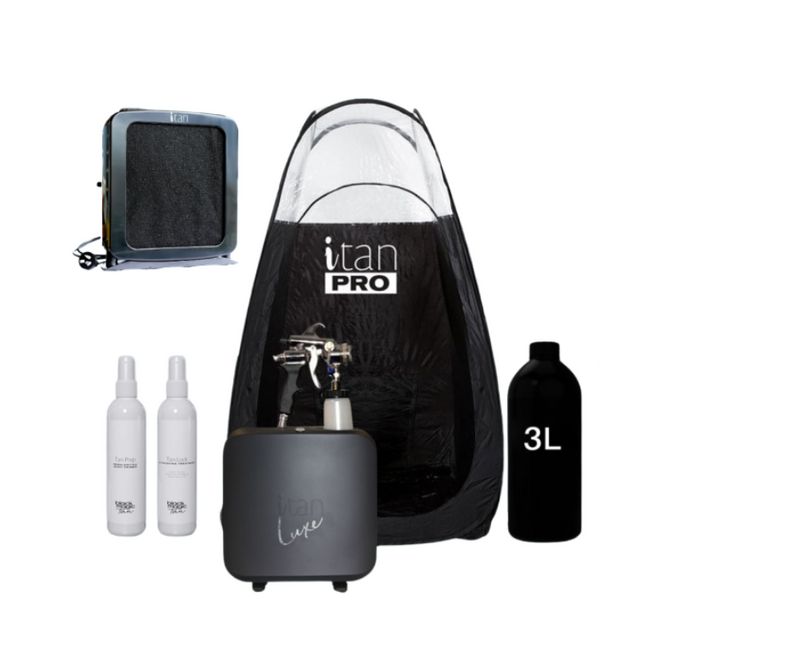 iTan Luxe Professional Kit with M Series Gun, Pro Tent, Mini Air-Vac Extraction Unit, and Black Magic Tan solutions for professional tanning results