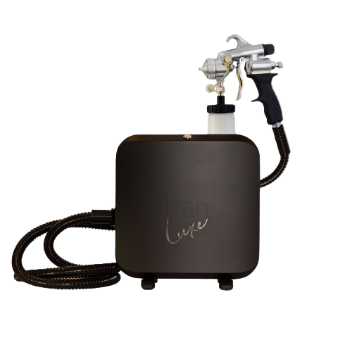 iTan Luxe slimline HVLP spray-tan machine with M Series Gun and green motor, lightweight and wall-mountable for professional use