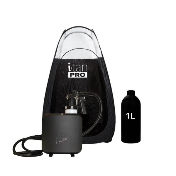 iTan Luxe Spray Tan Machine Bundle with Deluxe Gun, iTan Pro Tent, Black Magic Tan solutions, and professional tanning accessories