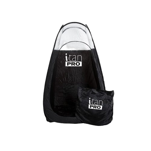 iTan Pro Pop-Up Spray Tan Tent with clear window and rear extraction fan opening – lightweight professional tanning enclosure